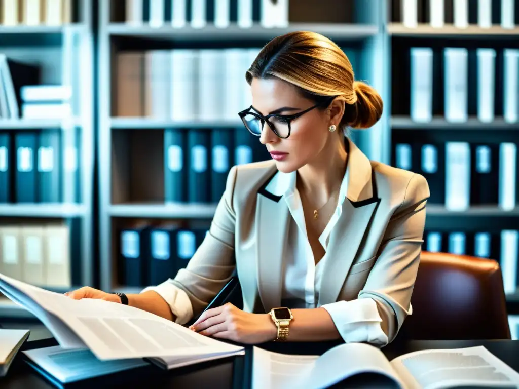 Abogada de moda revisando aspectos legales de licencias y franquicias en su elegante oficina rodeada de libros y revistas de moda