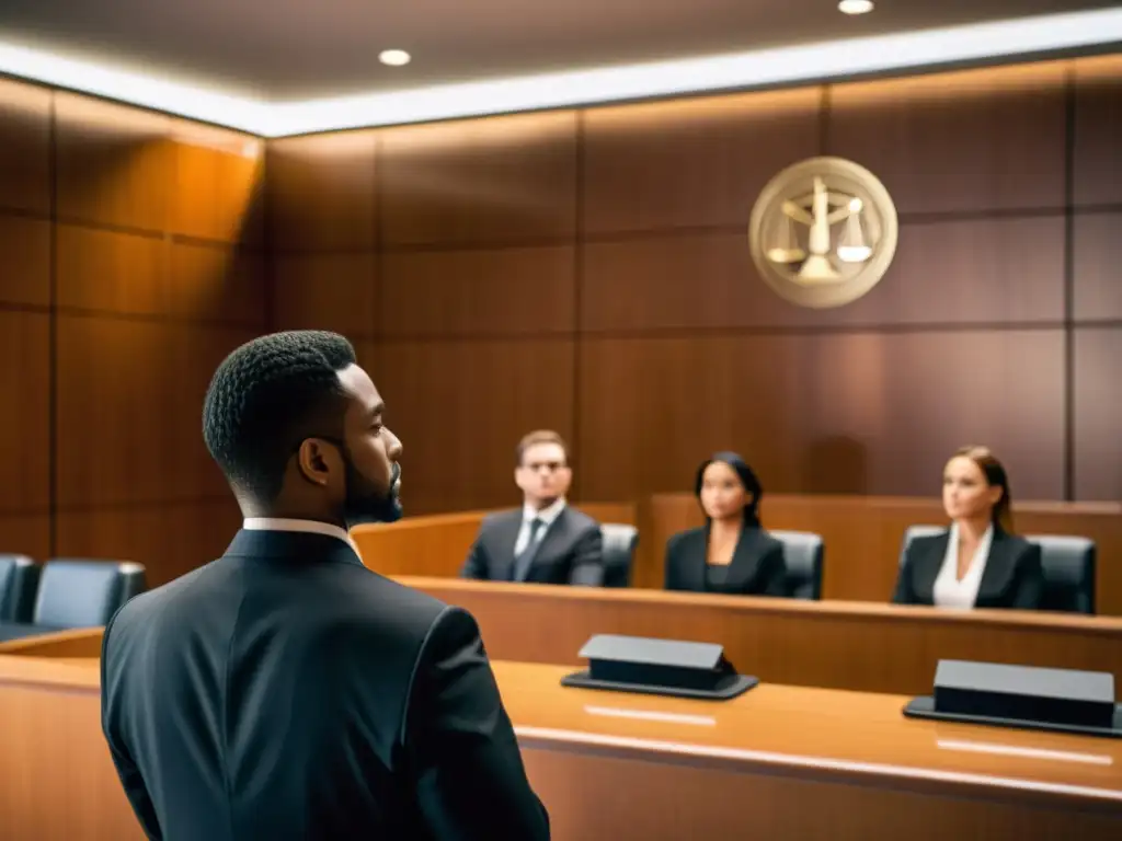 Un abogado presenta argumentos legales con confianza ante un juez y un jurado en un moderno tribunal
