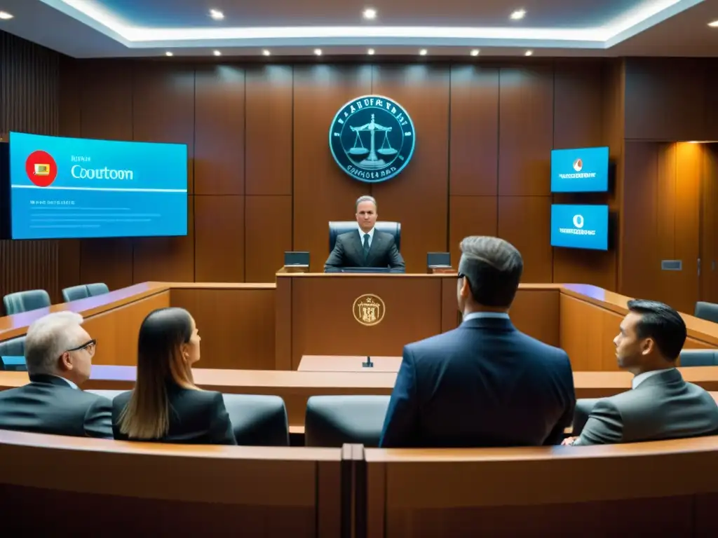 Litigio digital: Abogado defiende marcas en juicio Abogado presenta caso con marcas en sala moderna, recuperando marca en mercado digital