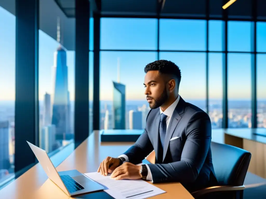 Abogado corporativo revisando informe de propiedad intelectual en moderna oficina con vista a la ciudad