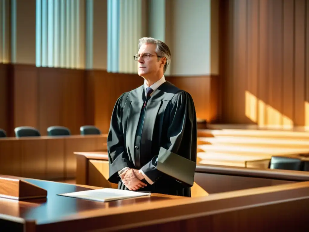 Abogado presentando defensa legal de software por infracción en una sala de juicio moderna, bañada en luz natural