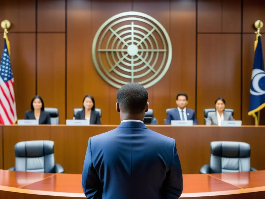 Un abogado se centra en la defensa de marcas internacionales en un juzgado moderno, con banderas internacionales de fondo