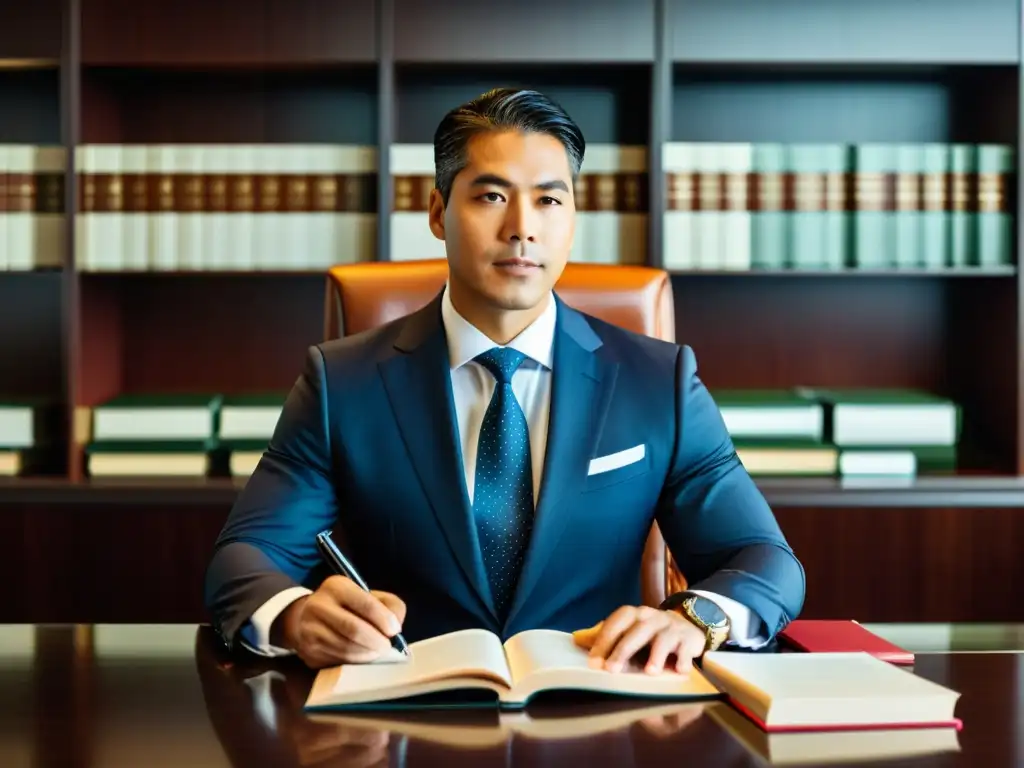 Un abogado revisa documentos de marca en un escritorio moderno, rodeado de libros de derecho y una computadora