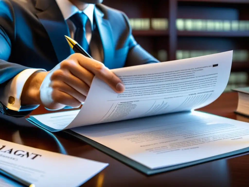 Un abogado revisa detalladamente documentos de patentes en un entorno profesional y minimalista