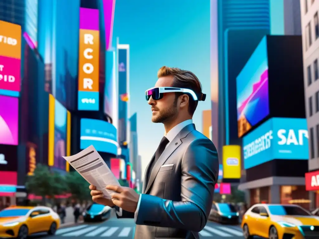 Abogado de entretenimiento en realidad aumentada Abogado de entretenimiento en realidad aumentada gestiona contratos en ciudad futurista llena de hologramas y tecnología AR