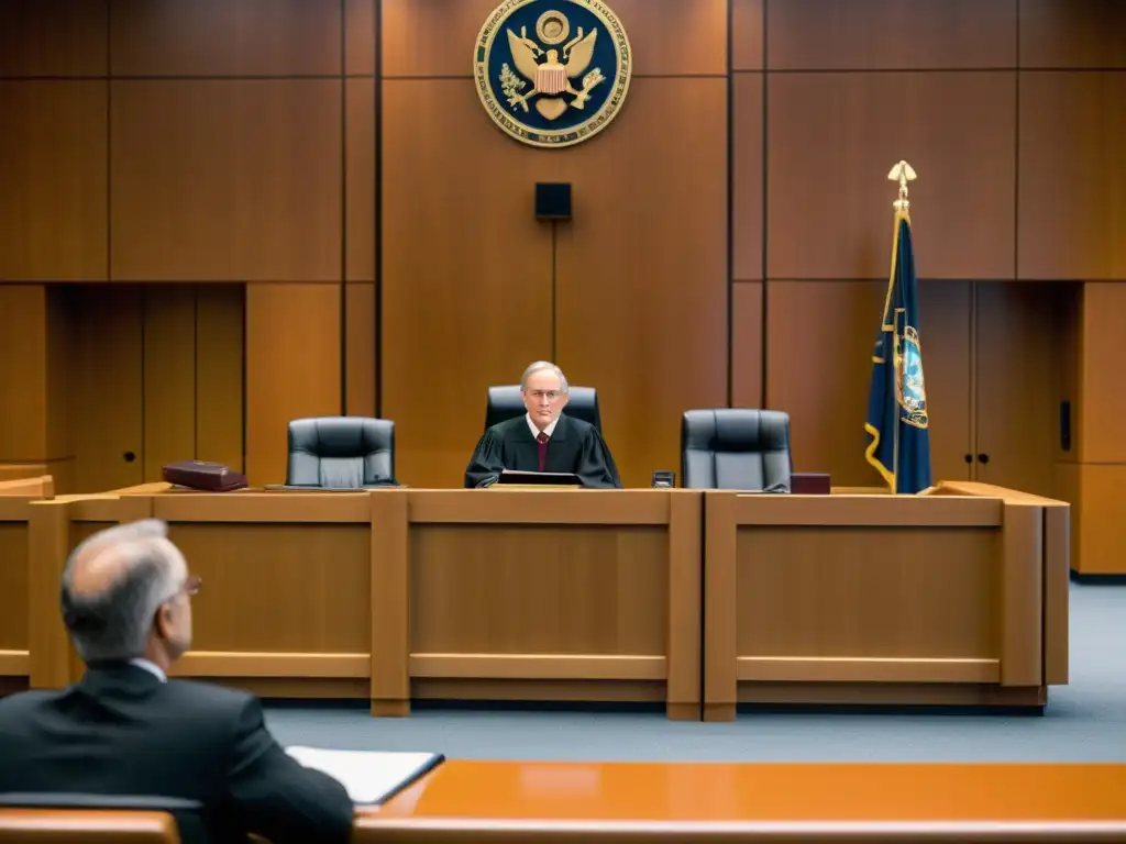 Abogado presentando estrategias legales defensa patentes en sala de juicio moderna, con jurados y juez atentos