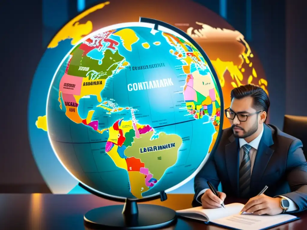 Un abogado revisa marcas internacionales y documentos legales con un globo terráqueo detallado en el centro