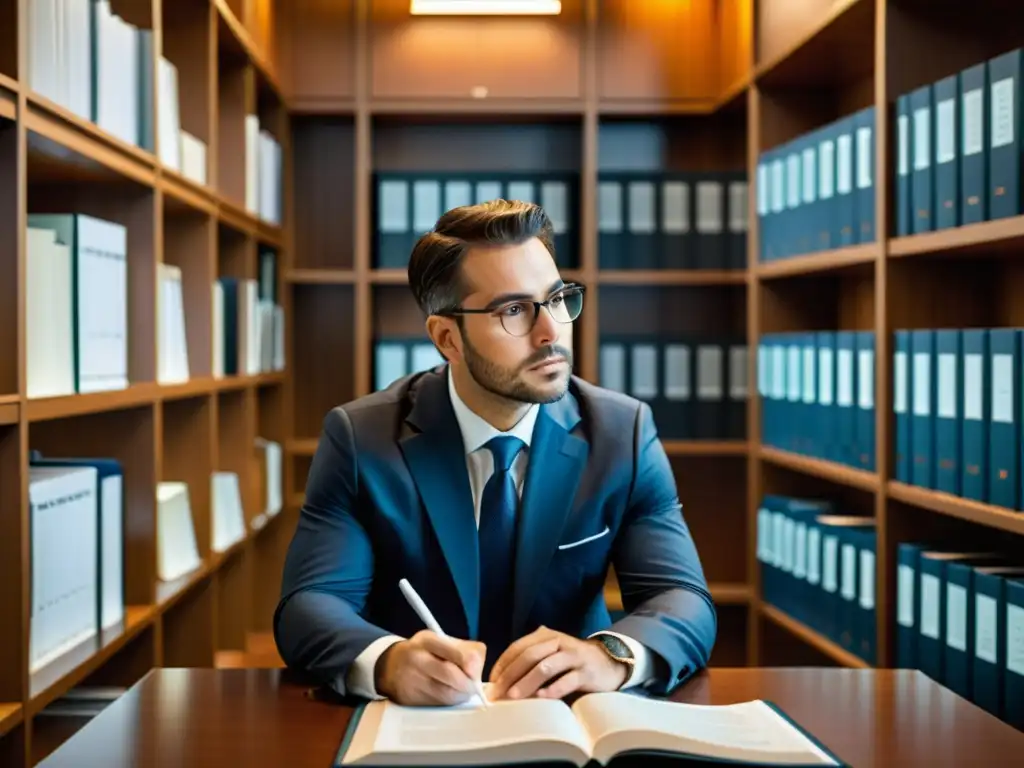 Un abogado de patentes estudia un documento en una oficina moderna, rodeado de libros de ley y revistas técnicas