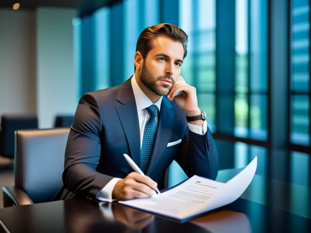 Un abogado de patentes para litigio, concentrado en una oficina moderna, con traje y documento, proyectando profesionalismo y confianza