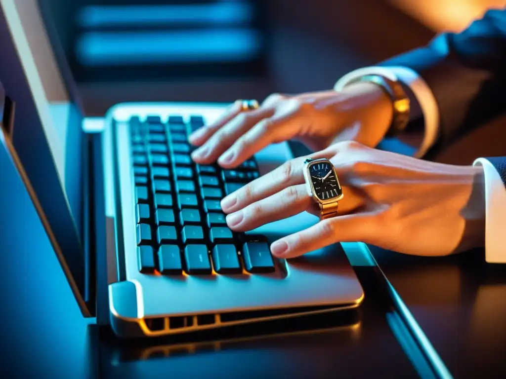 Un abogado de propiedad intelectual teclea con precisión en un moderno teclado, transmitiendo profesionalismo y experiencia en la función del abogado propiedad intelectual