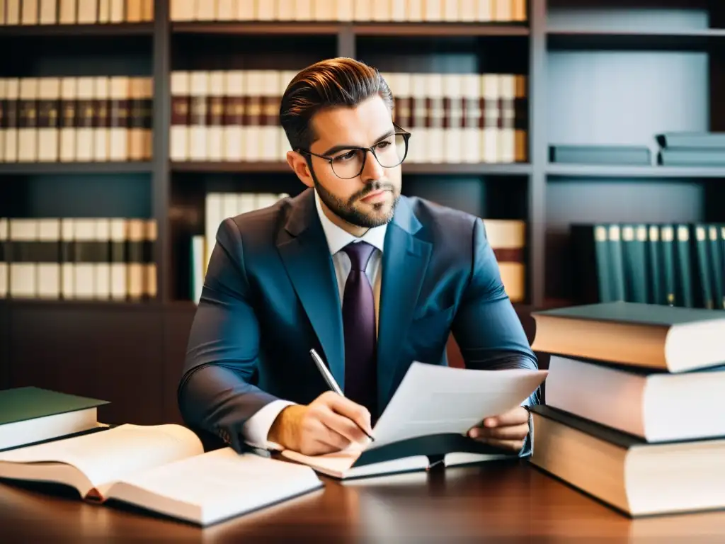 Abogado de propiedad intelectual en oficina moderna, concentrado en artículo académico