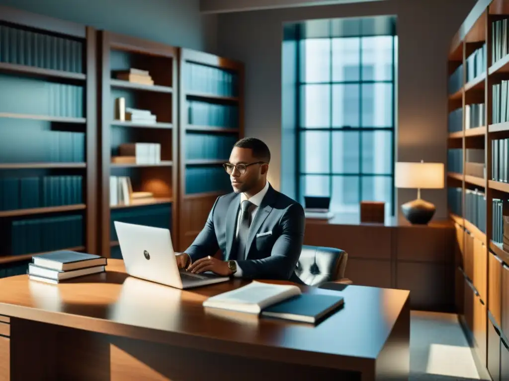 Un abogado reflexivo en un elegante despacho con laptop y documentos legales, rodeado de libros de ley y decoración minimalista