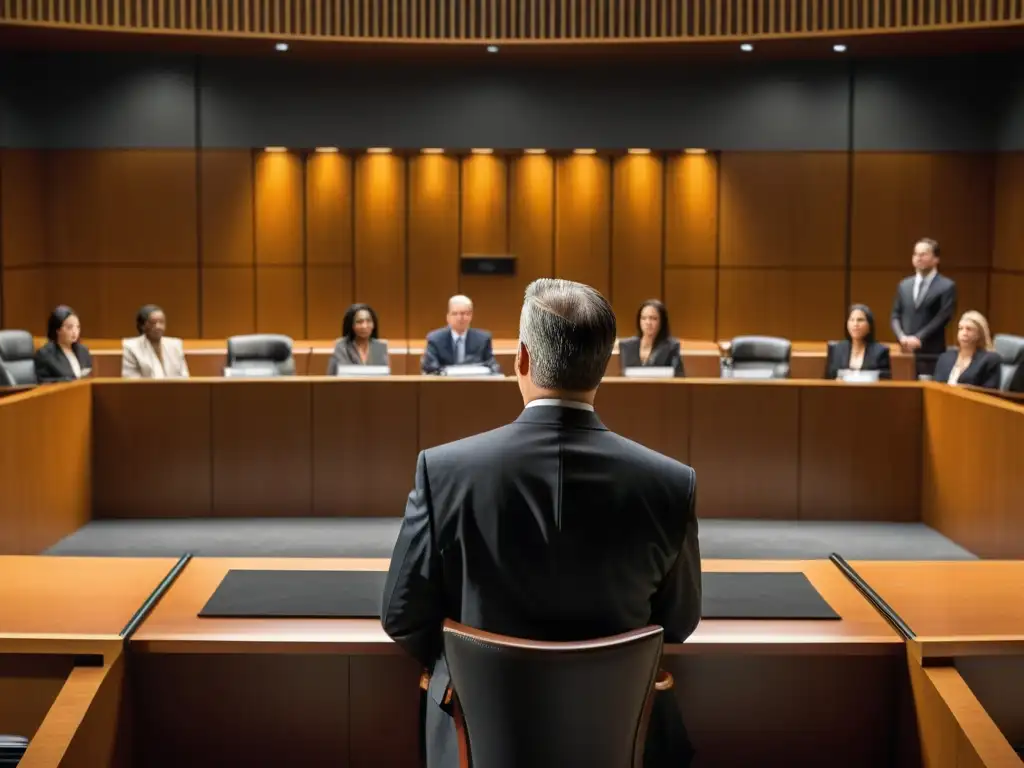Un abogado seguro hace su caso ante un juez en una moderna sala de tribunal, rodeado de jurados atentos y un público profesional