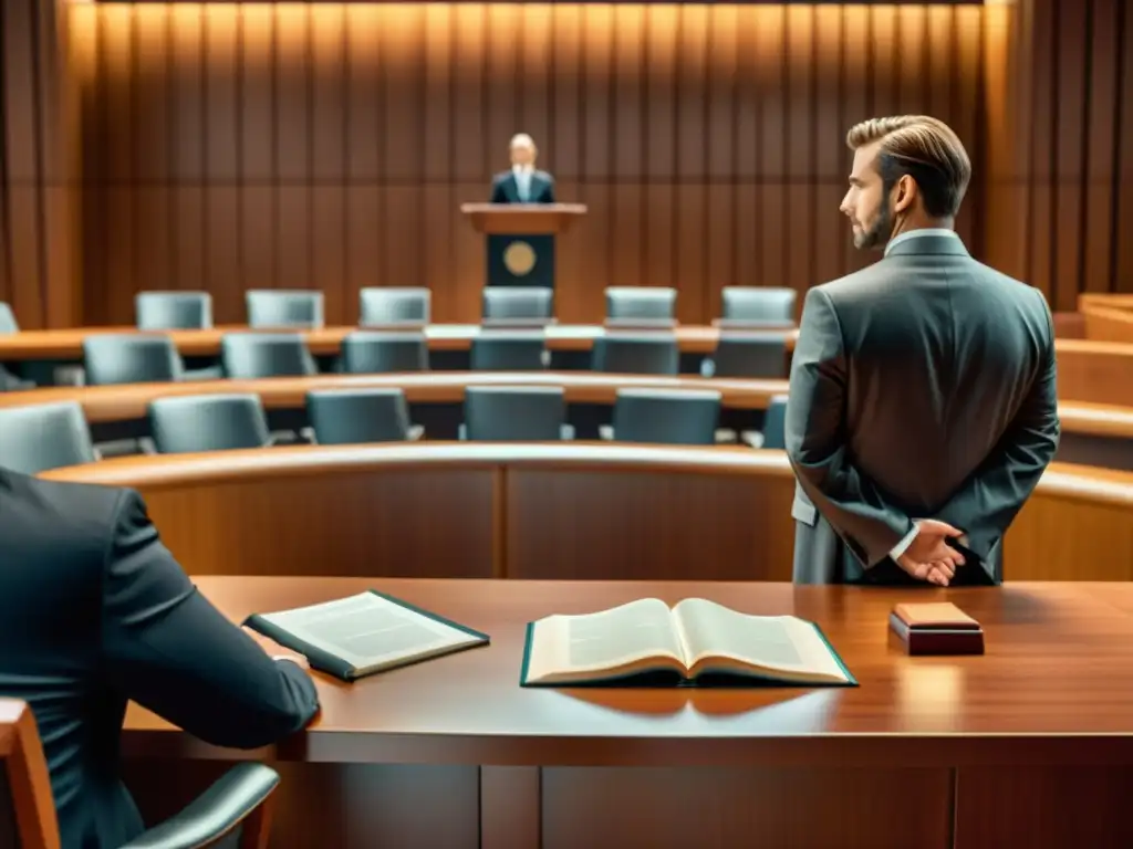 Abogados presentando argumentos en una moderna sala de audiencias, con libros de leyes de propiedad intelectual en primer plano