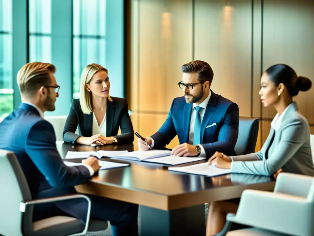 Abogados corporativos en una sala de juntas moderna revisando documentos de propiedad intelectual