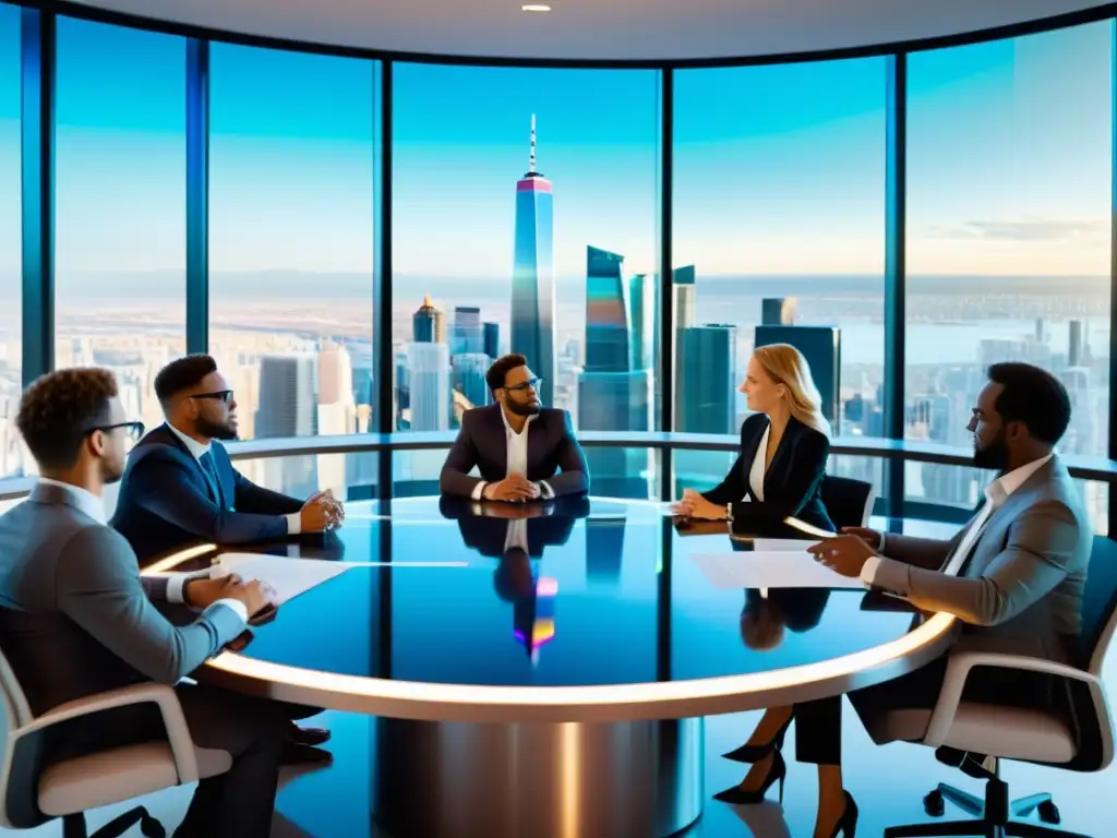 Abogados de entretenimiento en entorno legal futurista Abogados de entretenimiento en realidad aumentada discuten contratos en un moderno despacho con vista a la ciudad