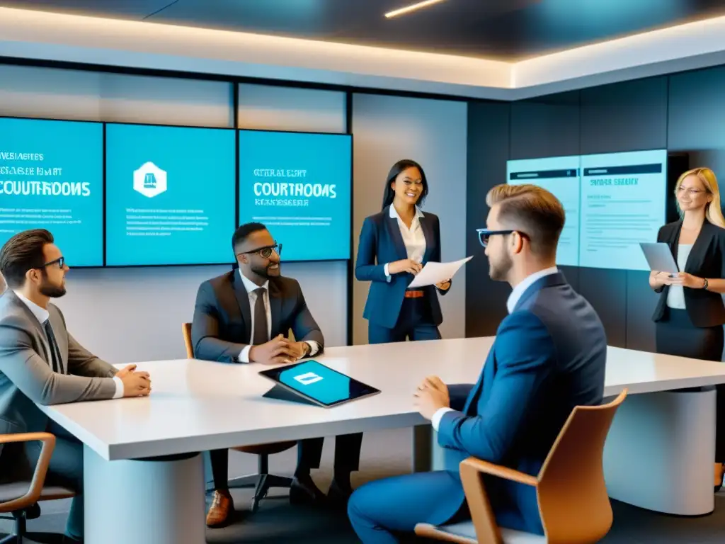 Abogados en realidad aumentada: estrategias legales modernas Abogados de entretenimiento en realidad aumentada colaboran en estrategias legales, rodeados de pantallas de realidad aumentada