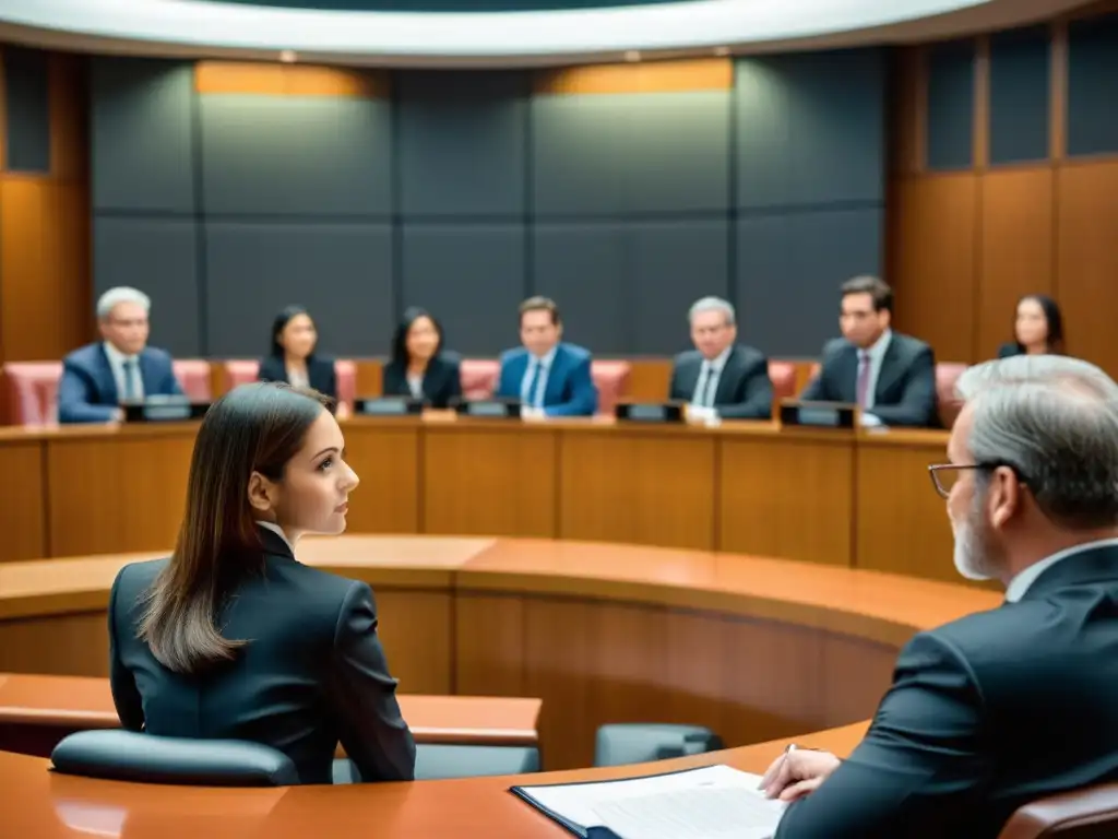 Abogados debaten con intensidad en una sala de tribunal, mostrando técnicas ganadoras en litigios de patentes internacionales