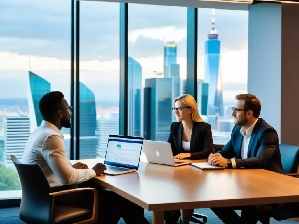 Abogados internacionales y desarrolladores de software discuten Tratados internacionales derechos autor software, en una sala con vista a la ciudad