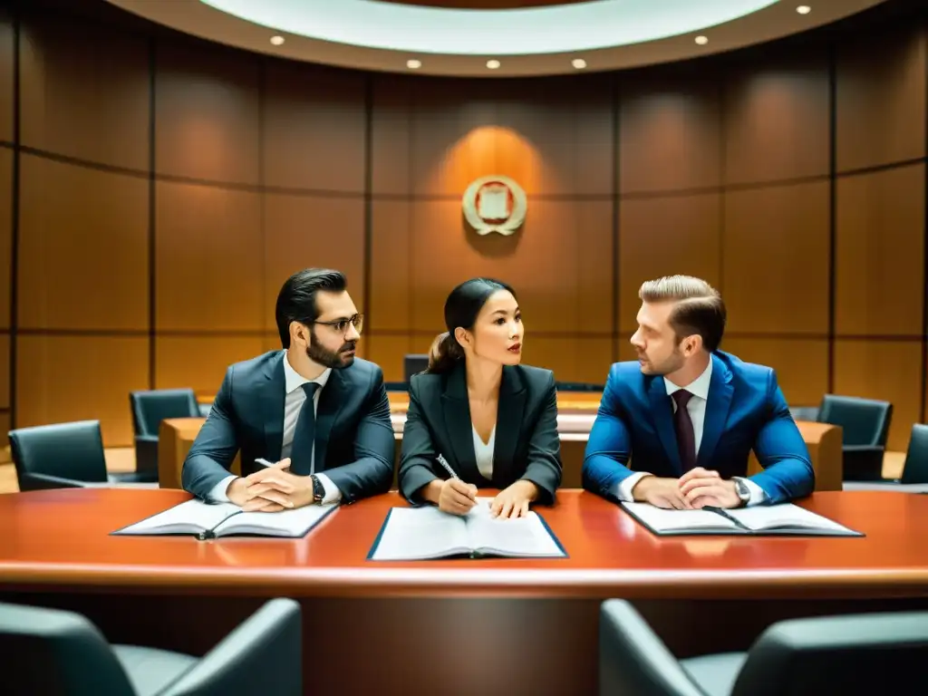 Abogados internacionales debaten en sala de juicios moderna, enfrentando desafíos legales marcas transfronterizos con profesionalismo y autoridad