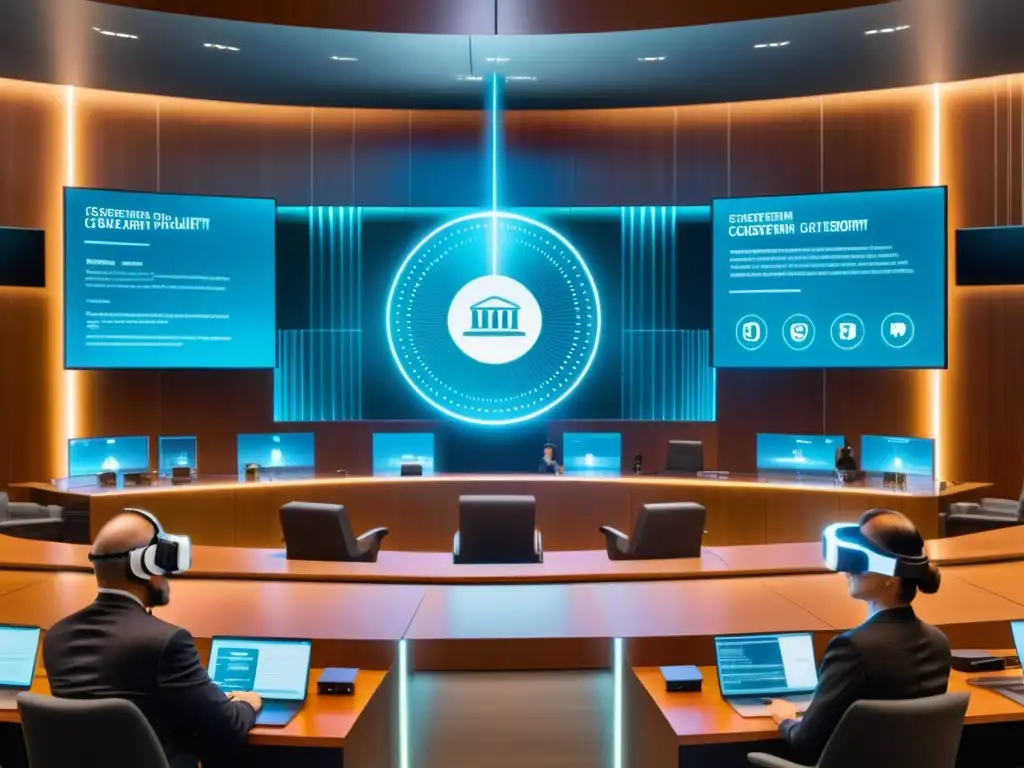 Abogados y jueces debaten usando tecnología de realidad virtual en una sala de tribunal moderna