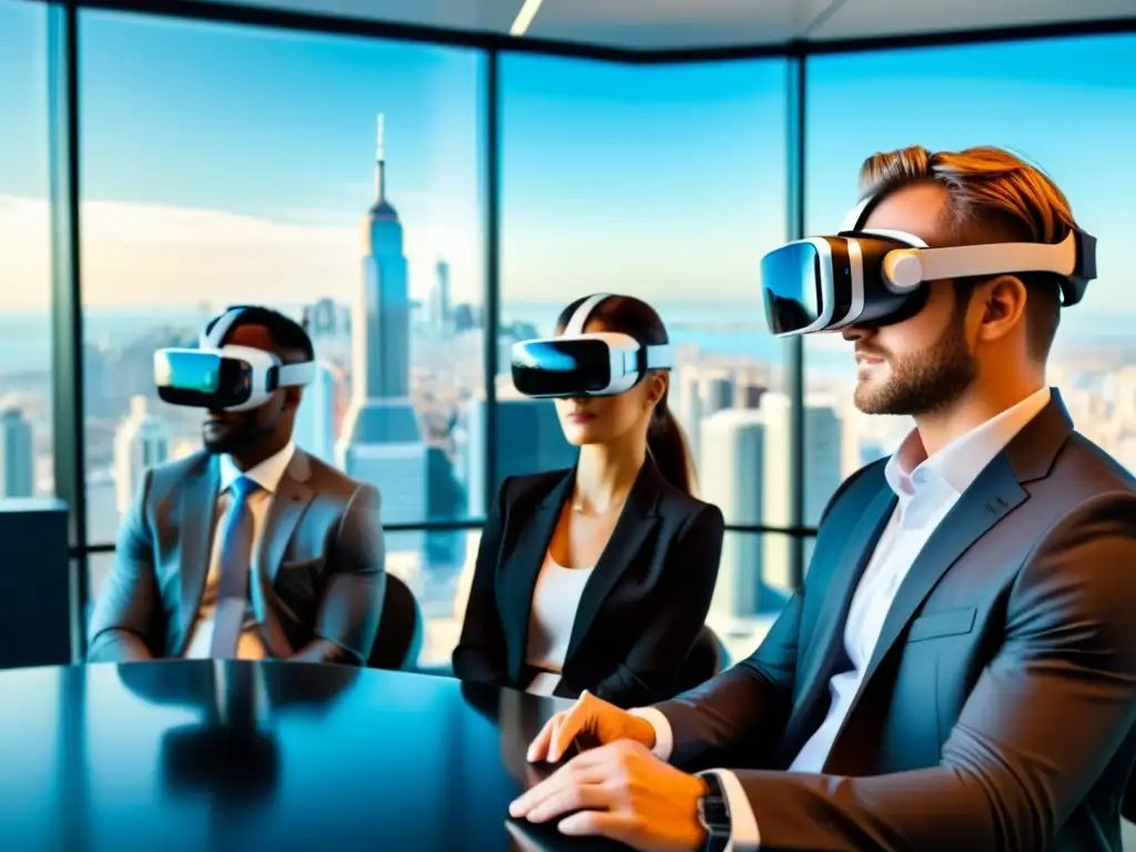 Abogados en oficina futurista usan VR para protección de propiedad intelectual en la industria de la realidad virtual