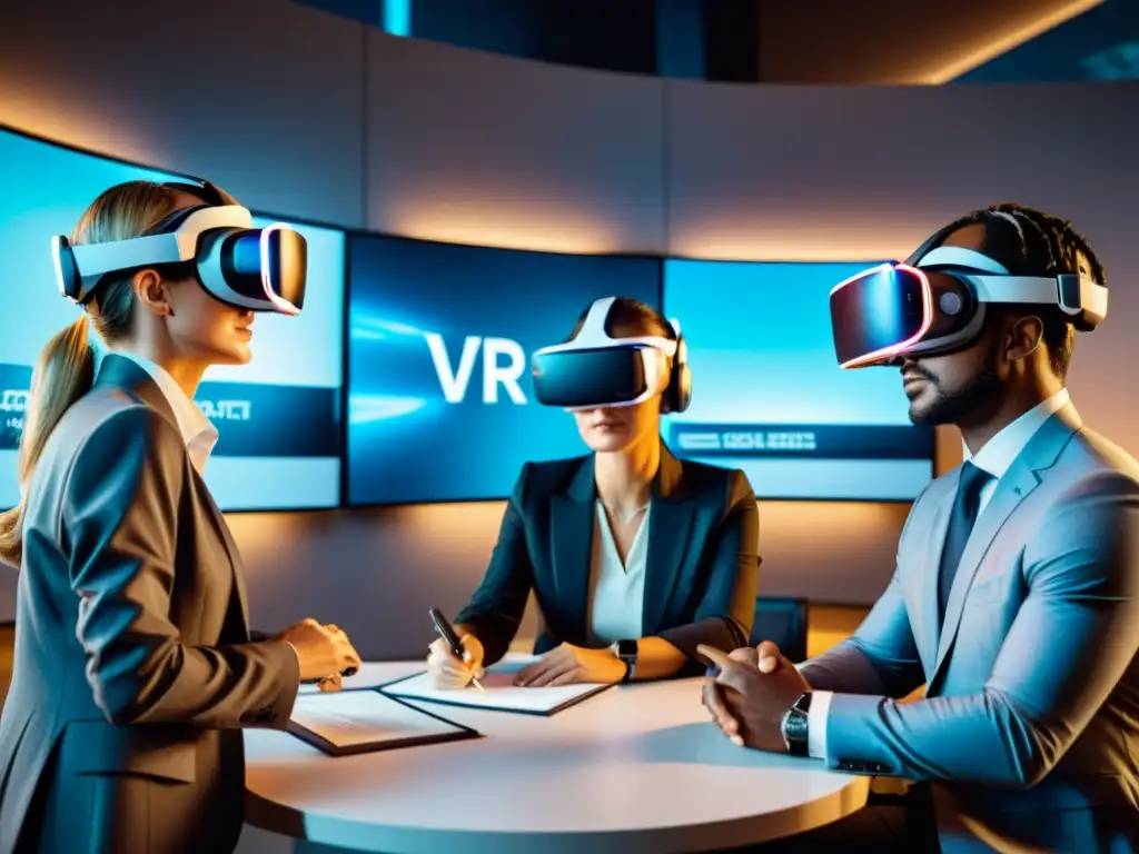 Abogados en oficina moderna usan VR para enfrentar desafíos legales en realidad virtual