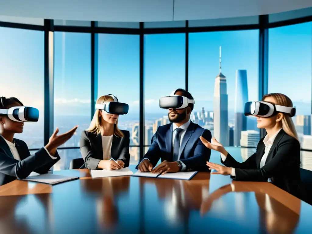 Abogados en realidad virtual discuten desafíos legales, con ciudad futurista de fondo