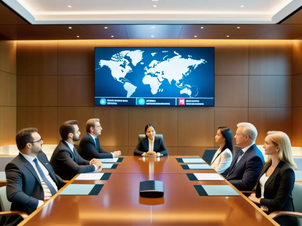 Abogados en trajes elegantes discuten en una sala de tribunal moderna, con una pantalla digital mostrando logos de marcas internacionales