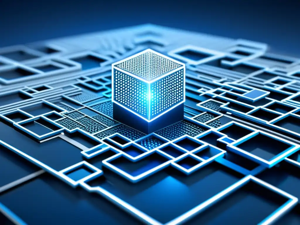 Representación abstracta futurista de protección de datos en propiedad intelectual, con un diseño dinámico y tecnológico en tonos metálicos azules y plateados