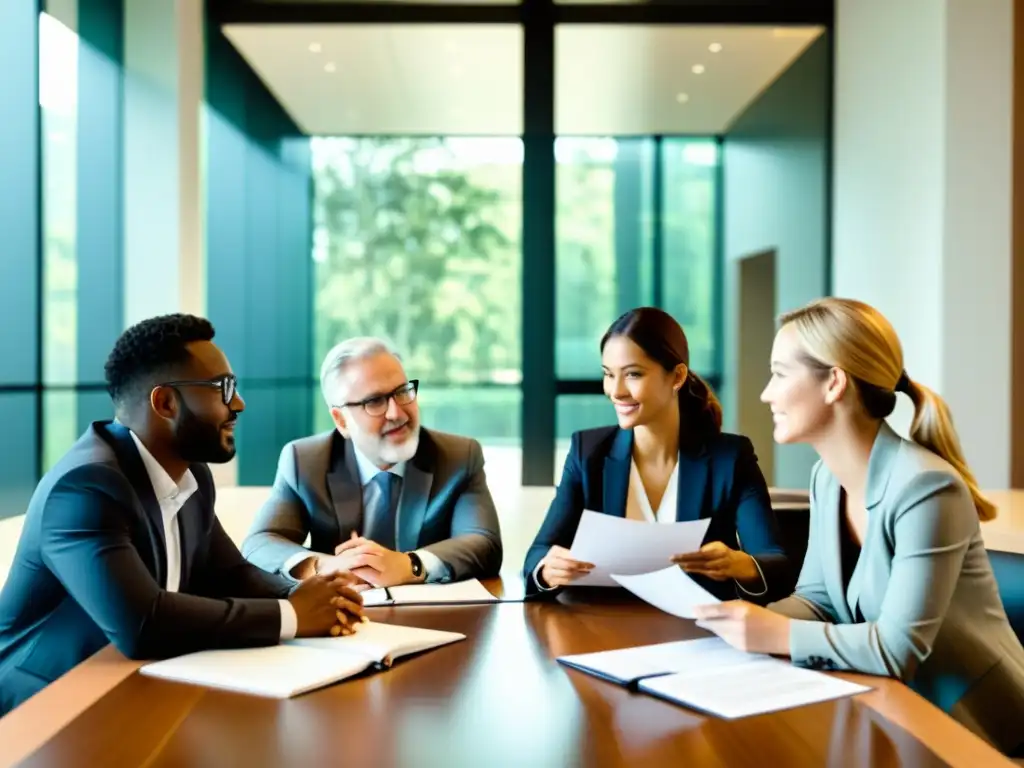 Negociación de contrato de propiedad intelectual en ambiente académico Académicos y abogados negociando contratos de propiedad intelectual en un entorno profesional y académico, reflejando colaboración y dinamismo