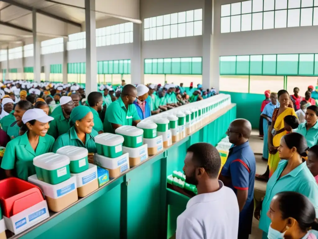 Centro farmacéutico vital: distribución y acceso en país en desarrollo Acceso a medicamentos vitales en países en desarrollo: Trabajadores empaquetando medicinas mientras personas esperan en fila para recibirlas