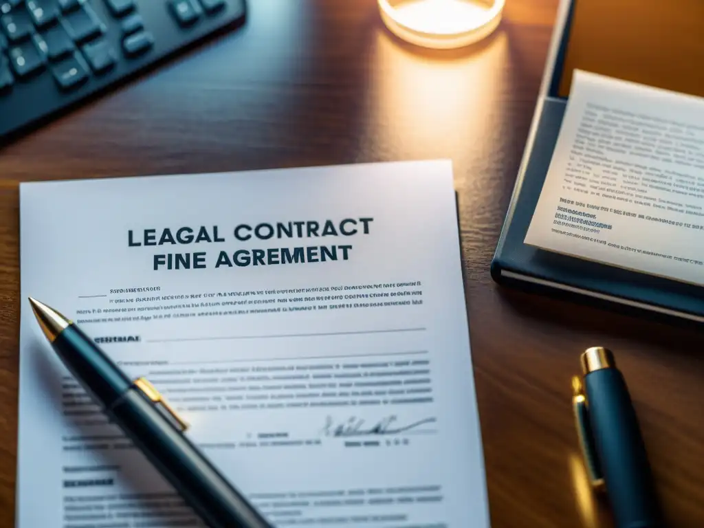 Acuerdo de licencia para remixes en un elegante contrato legal sobre un moderno escritorio, con iluminación suave y atmósfera formal