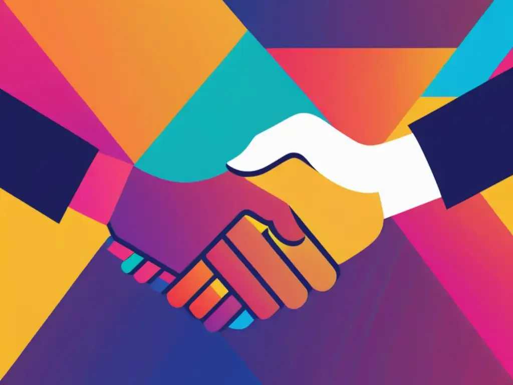 Acuerdos de Joint Venture en Entretenimiento: ilustración vibrante de dos manos estrechándose, representando compañías en proyecto colaborativo