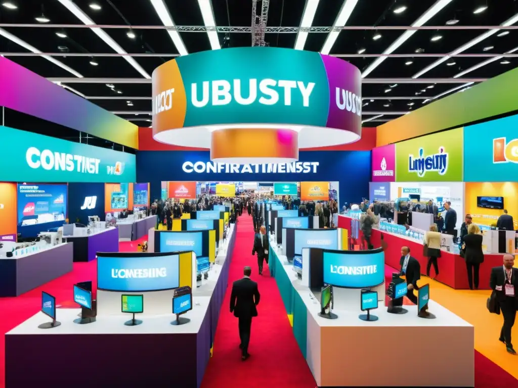 Acuerdos de licencias de marcas: vibrante feria comercial con marcas de entretenimiento, profesionales negociando y ambiente dinámico