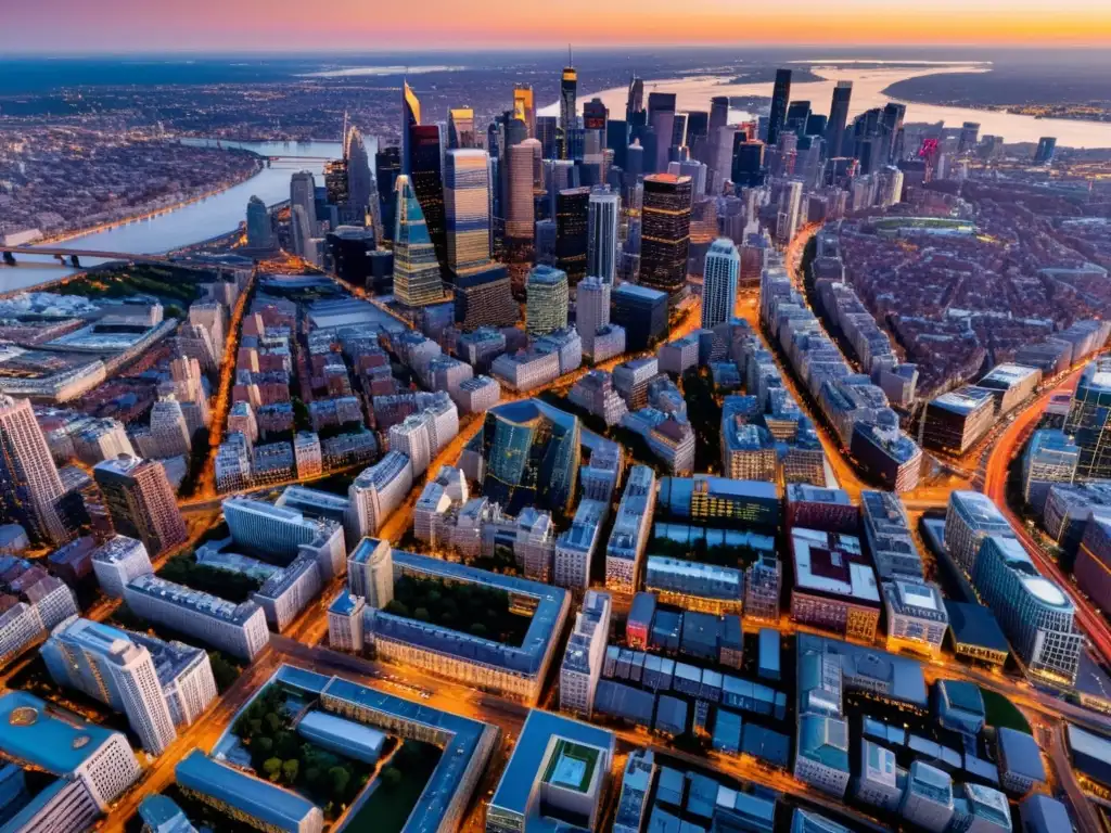 Fotografía aérea al atardecer de una ciudad con derechos de autor