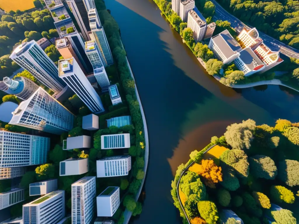 Fotografía aérea de una ciudad vibrante al atardecer, con reflejos dorados en los rascacielos y ríos serpenteantes