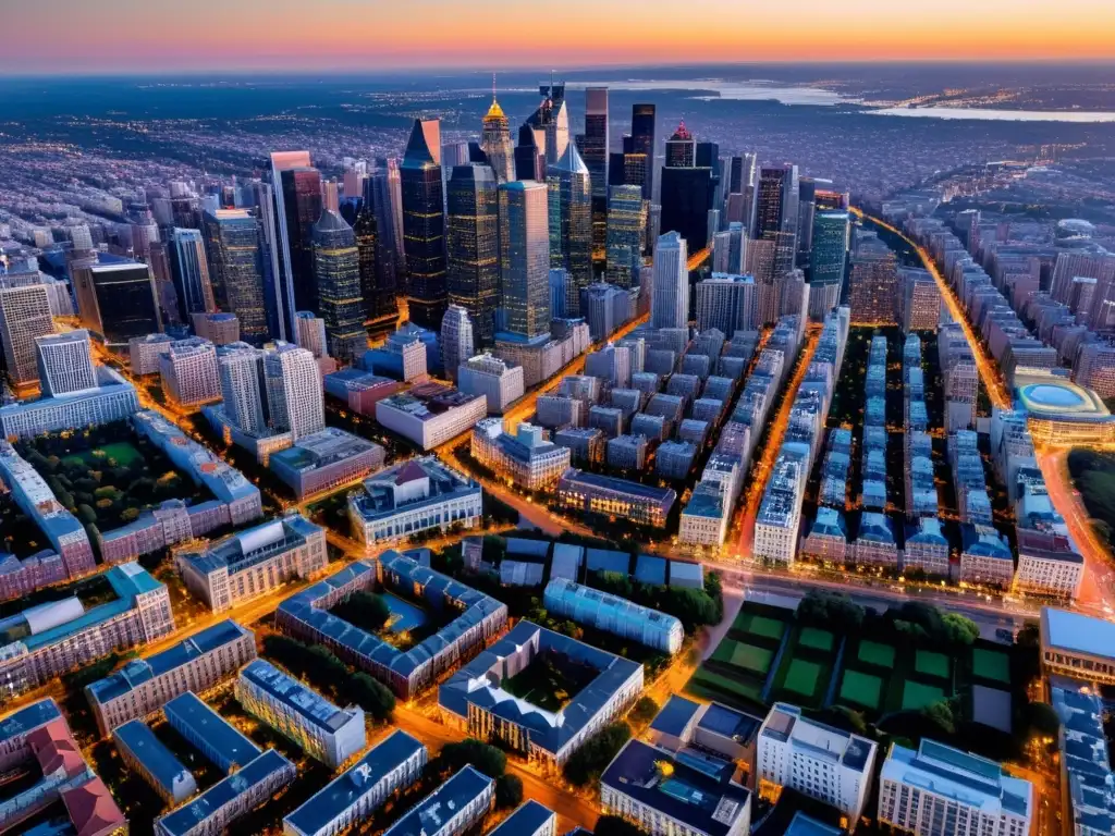 Fotografía aérea de una ciudad vibrante bañada por la cálida luz del atardecer