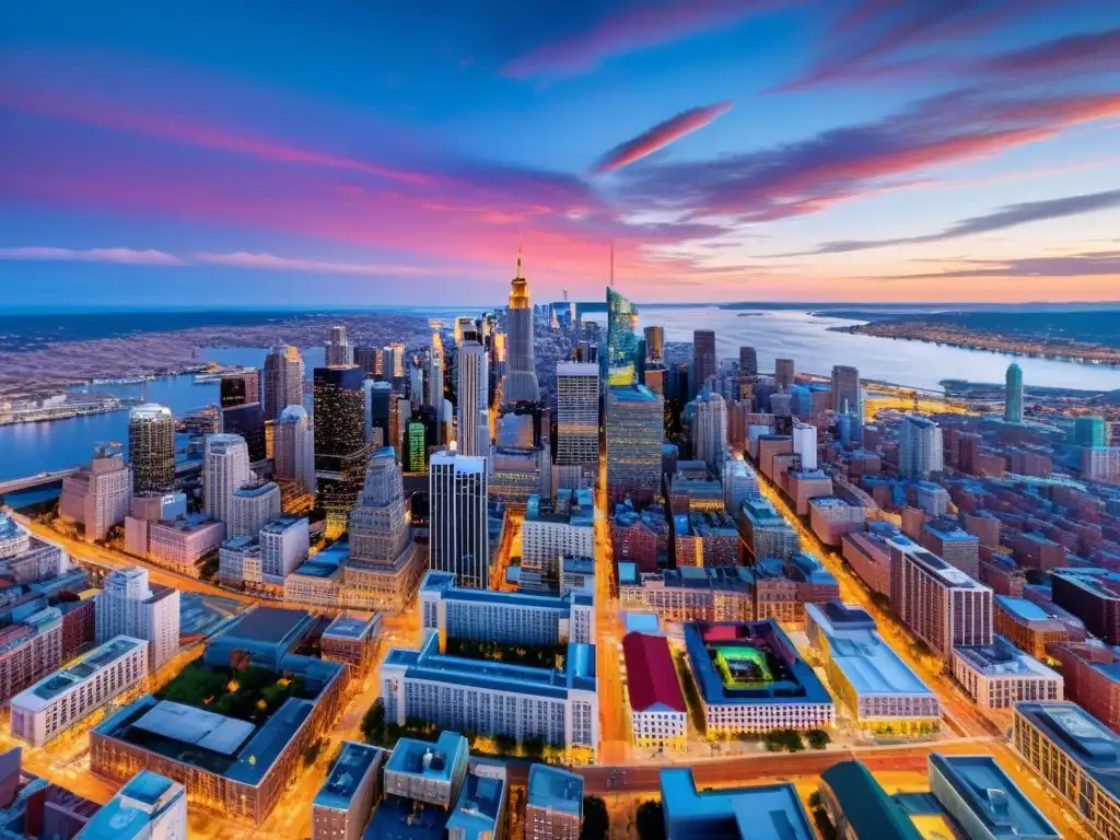 Fotografía aérea de una vibrante ciudad al atardecer con luces de la ciudad brillando