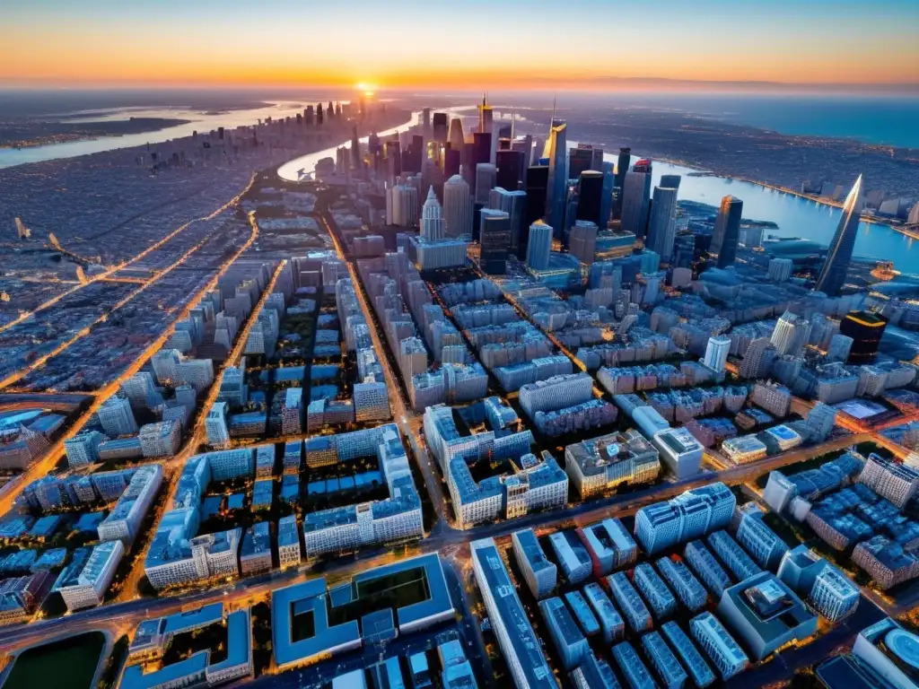 Fotografía aérea de una vibrante ciudad durante la hora dorada, con un impresionante paisaje urbano