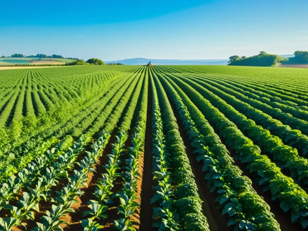 Un agricultor cuidando de cultivos verdes bajo el cielo azul