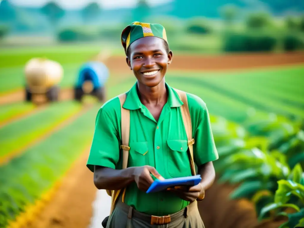 Un agricultor innovador en un campo verde, usando tecnología agrícola moderna