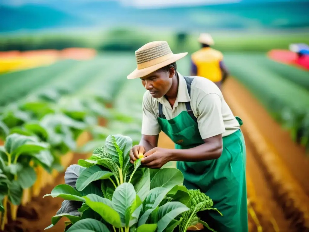 Un agricultor en un país en desarrollo examina una nueva cosecha en un campo vibrante