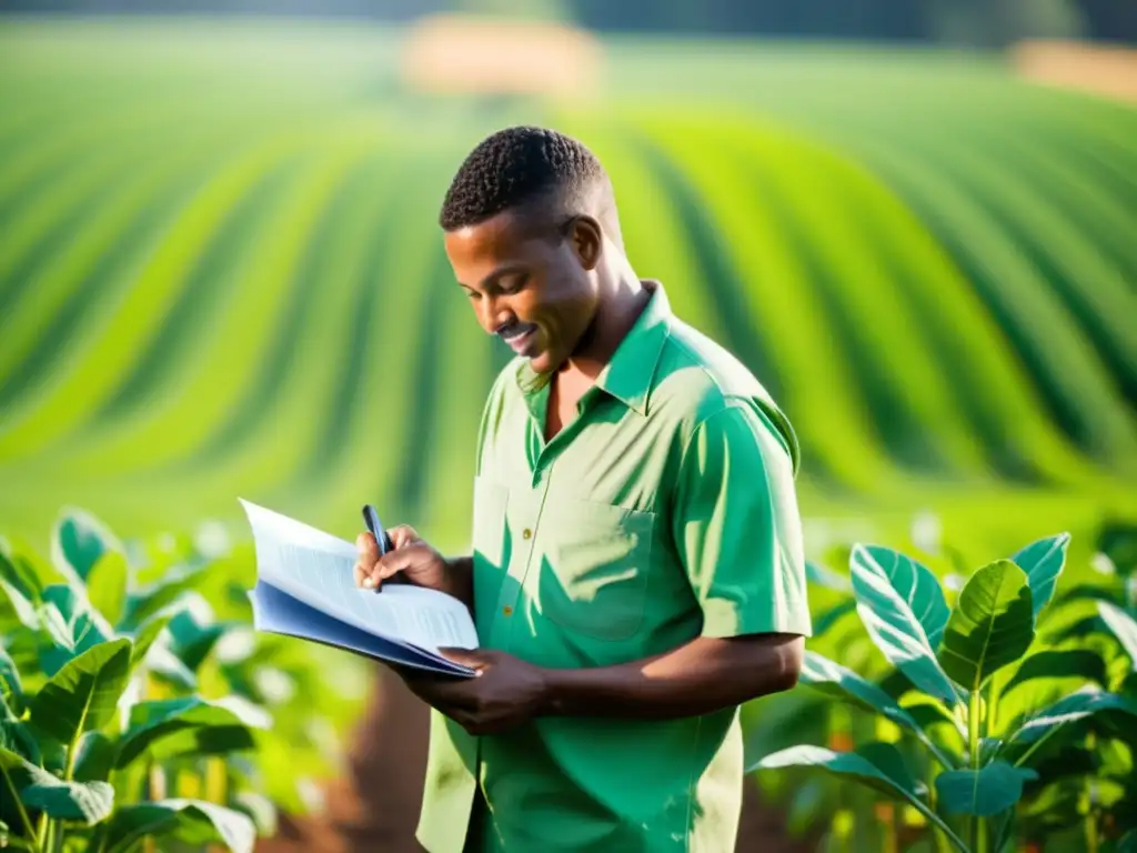 Un agricultor examina la tierra en un campo verde, mientras se firma un documento de patente agrícola en el fondo