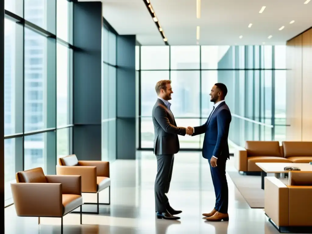 'Alianzas estratégicas en propiedad intelectual: Dos profesionales se dan la mano en una oficina moderna, simbolizando colaboración y confianza