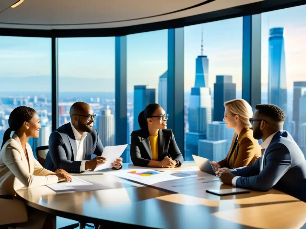 Navegando alianzas propiedad intelectual: Profesionales colaboran en boardroom moderno, energético e innovador, discutiendo ideas creativas