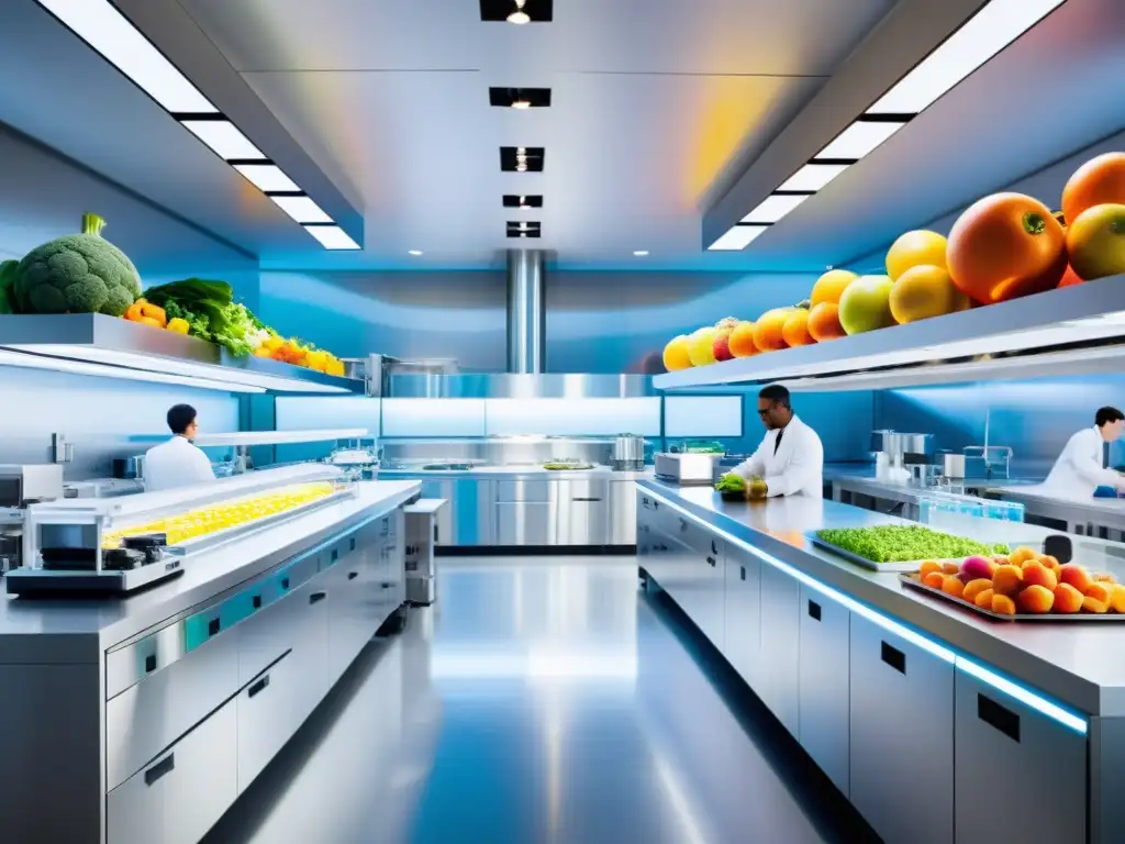 Lab de alimentos futurista con científicos trabajando en innovaciones, cumpliendo normativas internacionales propiedad intelectual alimentos