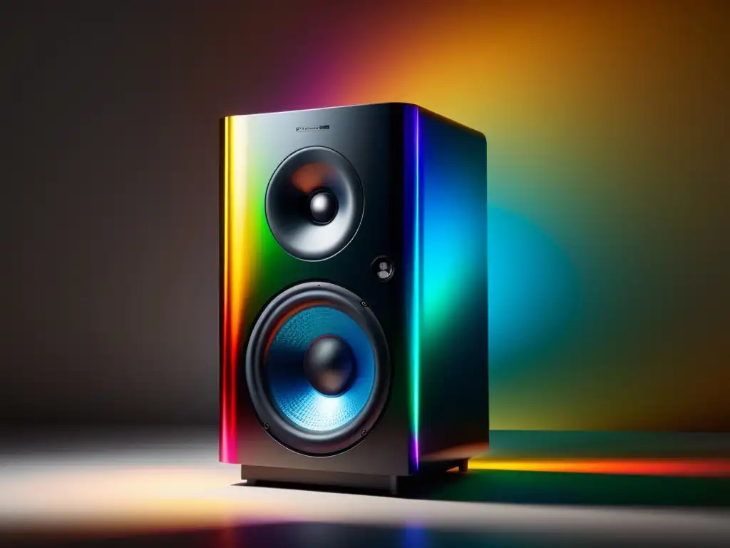 Un altavoz moderno emite ondas de sonido vibrantes, reflejando un espectro de colores