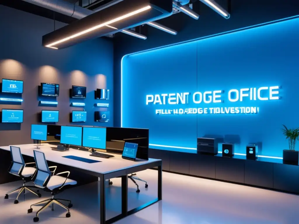 Un ambiente futurista de alta tecnología en una oficina de patentes, donde se gestionan los derechos de propiedad intelectual en la industria 4