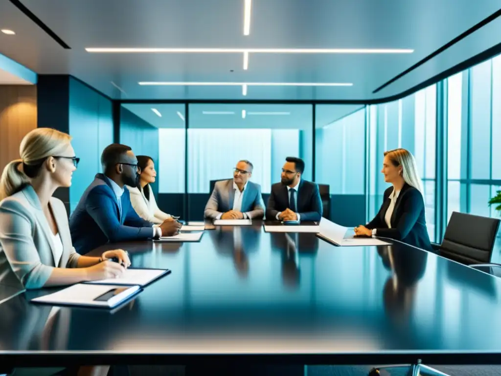 Profesionales discutiendo propiedad intelectual en una oficina moderna Un ambiente moderno de oficina con profesionales discutiendo asuntos de propiedad intelectual